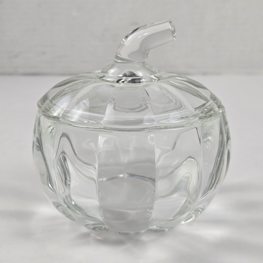 Vtg Mini 4" Clear Glass Pumpkin Candy Dish w Curled Stem Lid Fall Decor MINT